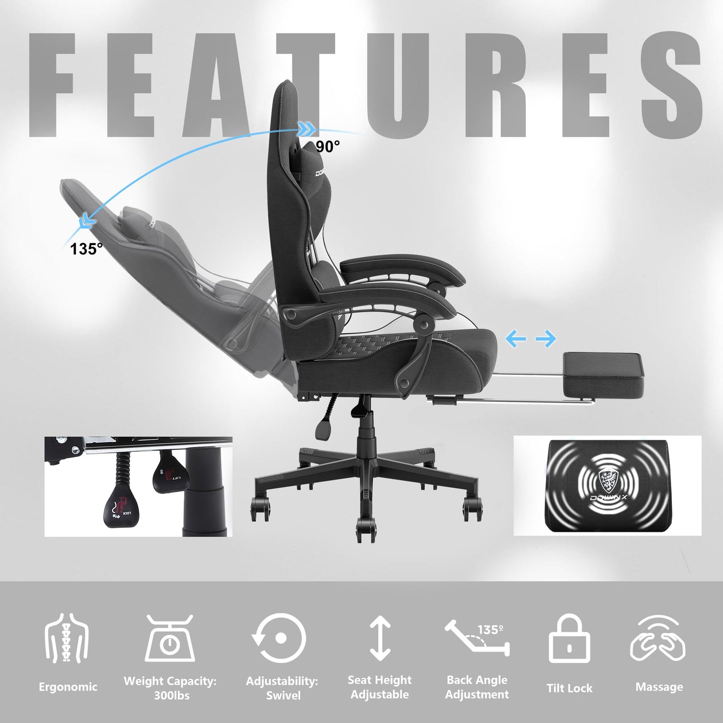 Dowinx Gaming Chair Fabric with Pocket Spring Cushion, Massage Game Chair Cloth with Headrest, Ergonomic Computer Chair with Footrest 290LBS, Black White