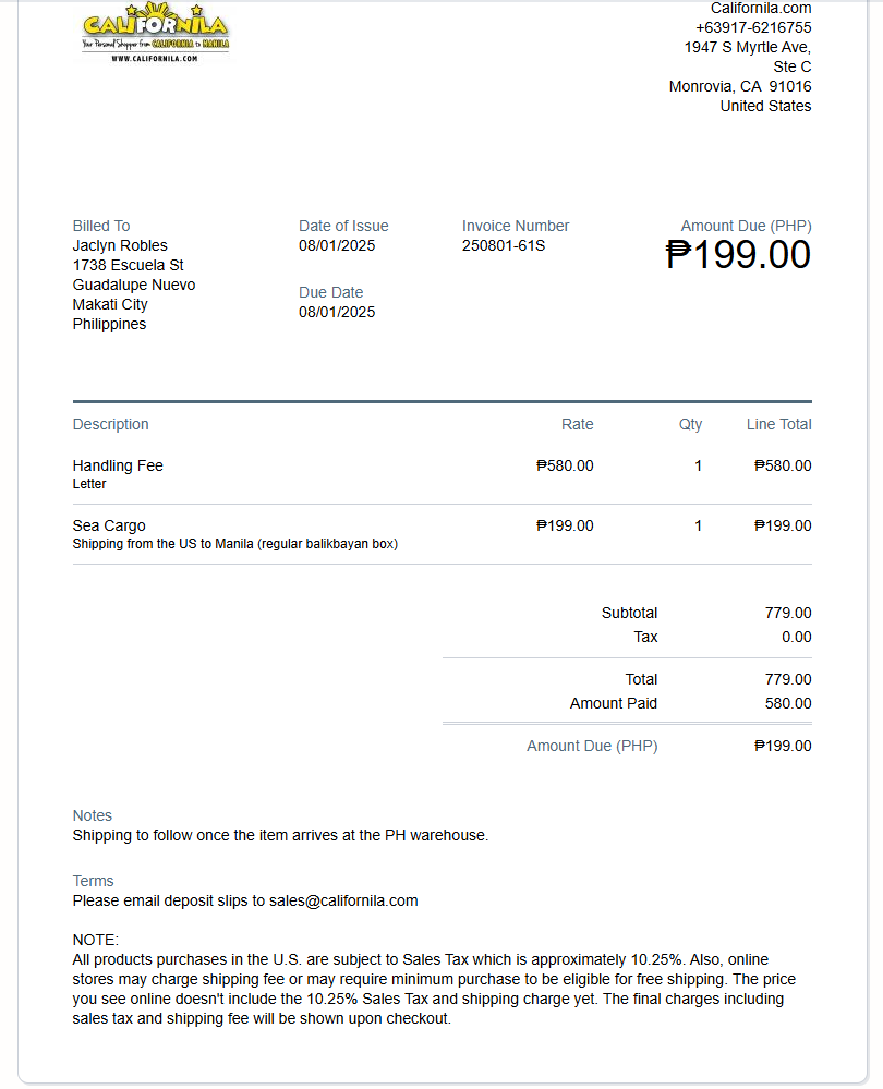 Shipping Payment for Jaclyn