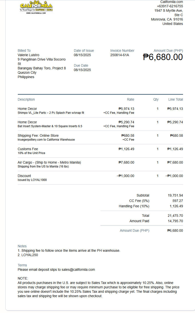 Shipping Payment for Valerie