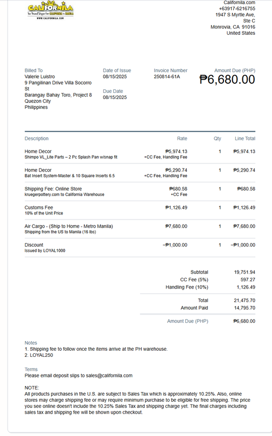 Shipping Payment for Valerie