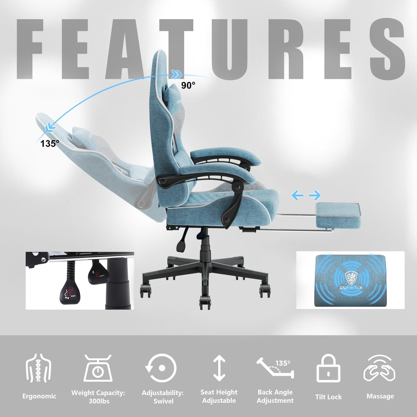 Dowinx Gaming Chair Fabric with Pocket Spring Cushion, Massage Game Chair Cloth with Headrest, Ergonomic Computer Chair with Footrest 290LBS, Blue and Grey