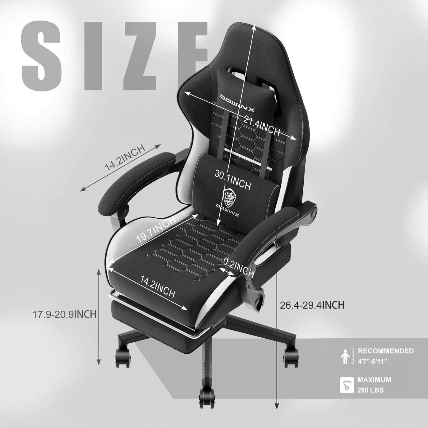 Dowinx Gaming Chair Fabric with Pocket Spring Cushion, Massage Game Chair Cloth with Headrest, Ergonomic Computer Chair with Footrest 290LBS, Black White
