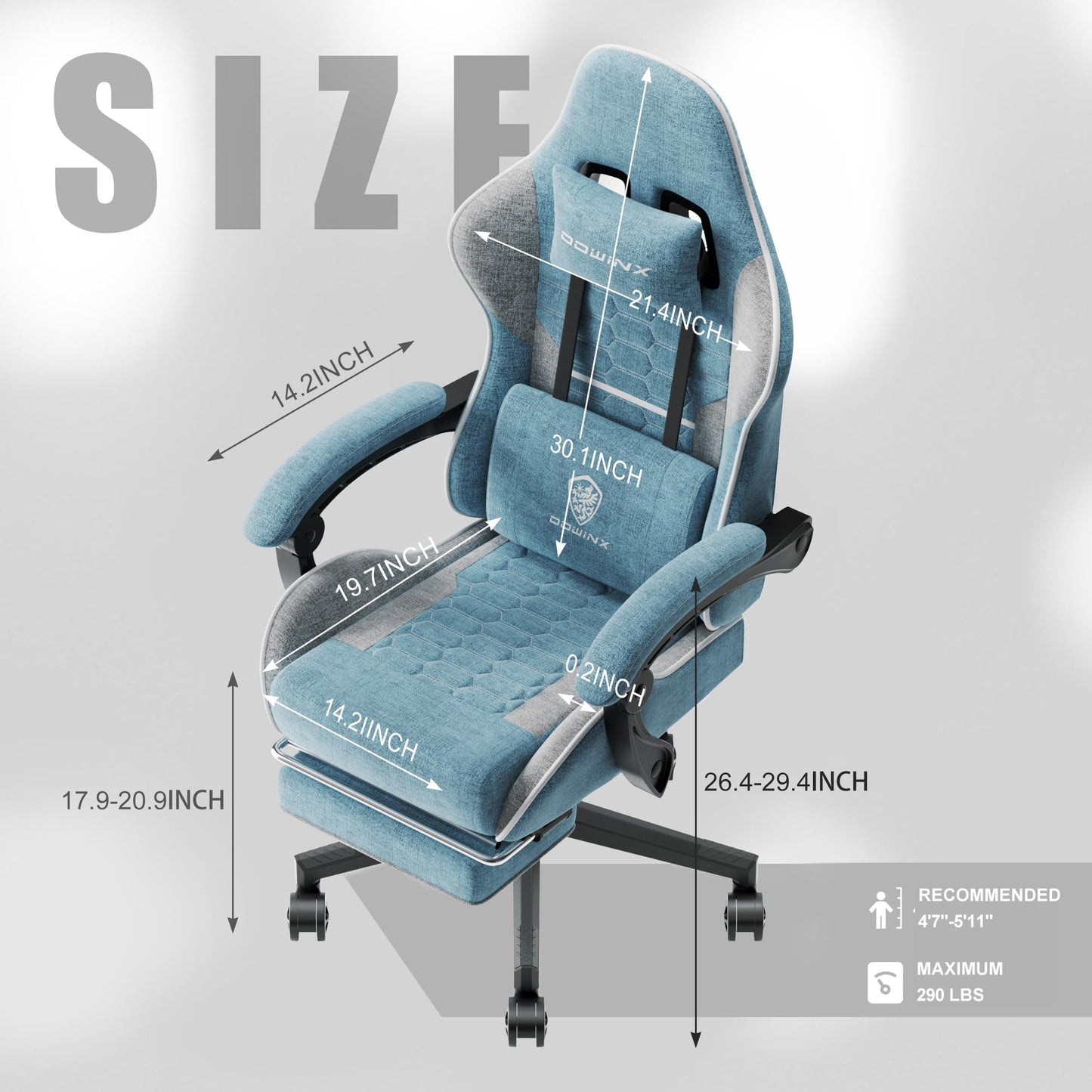 Dowinx Gaming Chair Fabric with Pocket Spring Cushion, Massage Game Chair Cloth with Headrest, Ergonomic Computer Chair with Footrest 290LBS, Blue and Grey