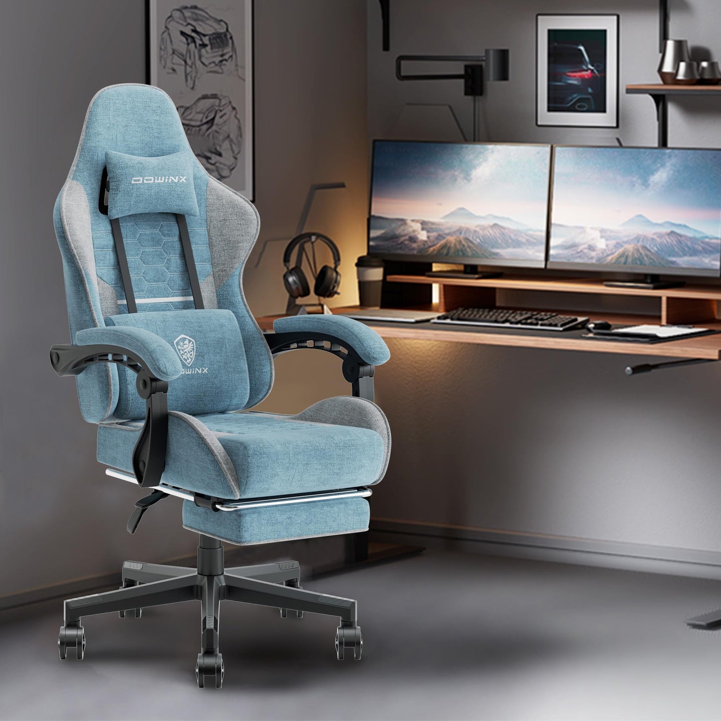 Dowinx Gaming Chair Fabric with Pocket Spring Cushion, Massage Game Chair Cloth with Headrest, Ergonomic Computer Chair with Footrest 290LBS, Blue and Grey