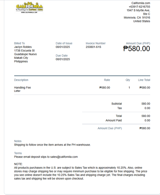 Initial Payment for Jaclyn