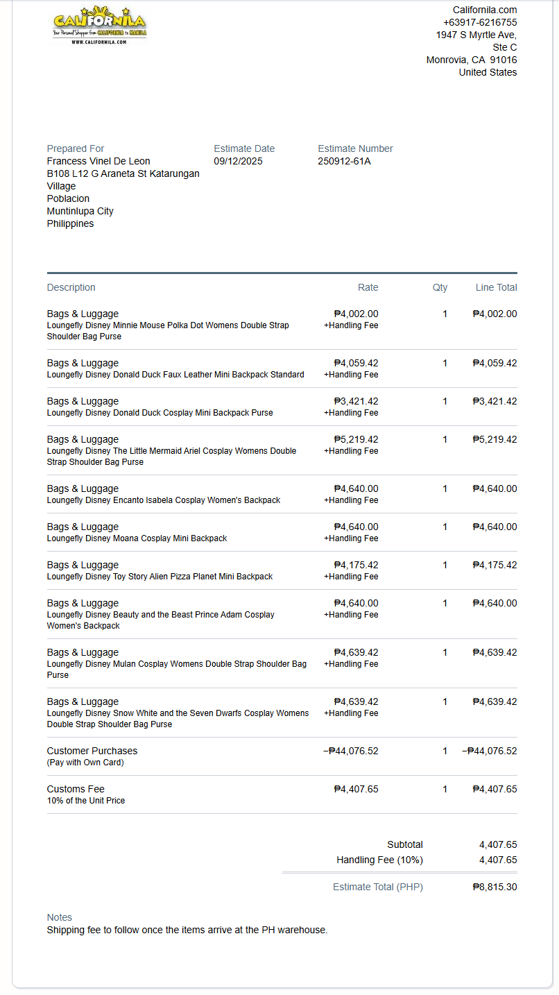 Initial Payment for Francess Vinel